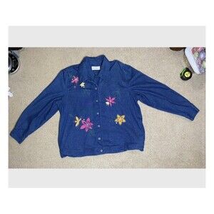 Alfred Dunner Size 16 Floral Embroidered Denim Shirt Button Down Cottagecore